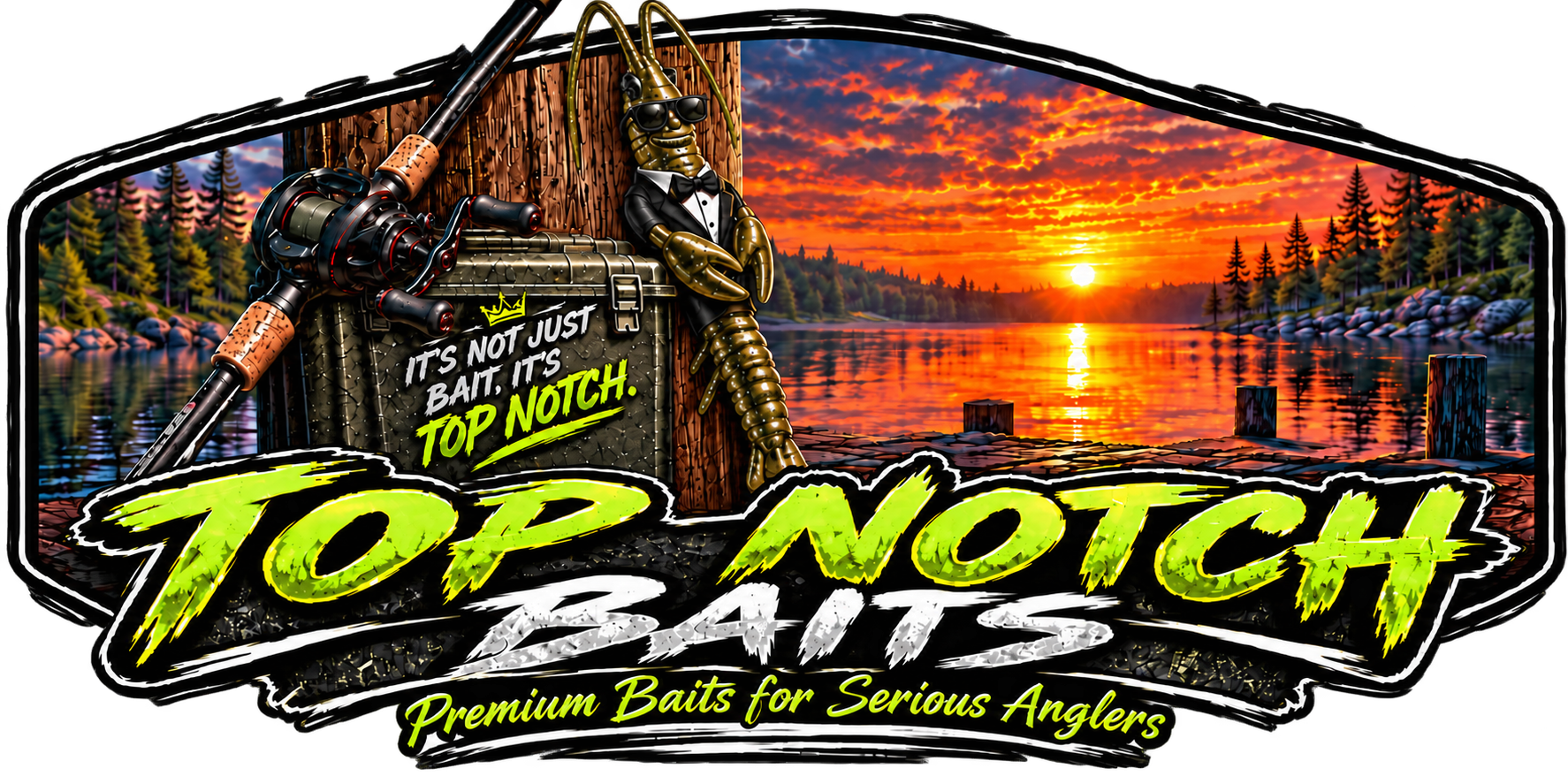 Top Notch Baits purple crawfish mascot logo with a sunset lake