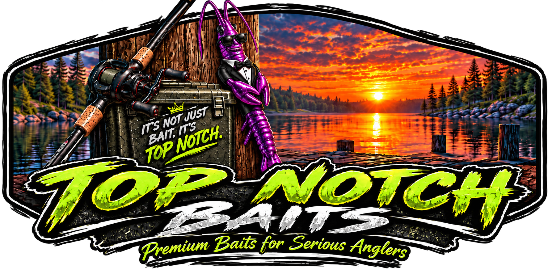 Top Notch Baits purple crawfish mascot logo with a sunset lake