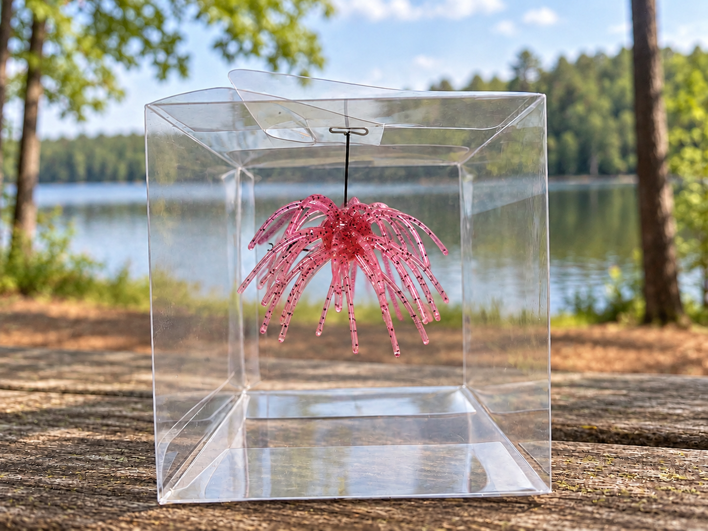 Fire Pink soft plastic urchin bait in its clear display box