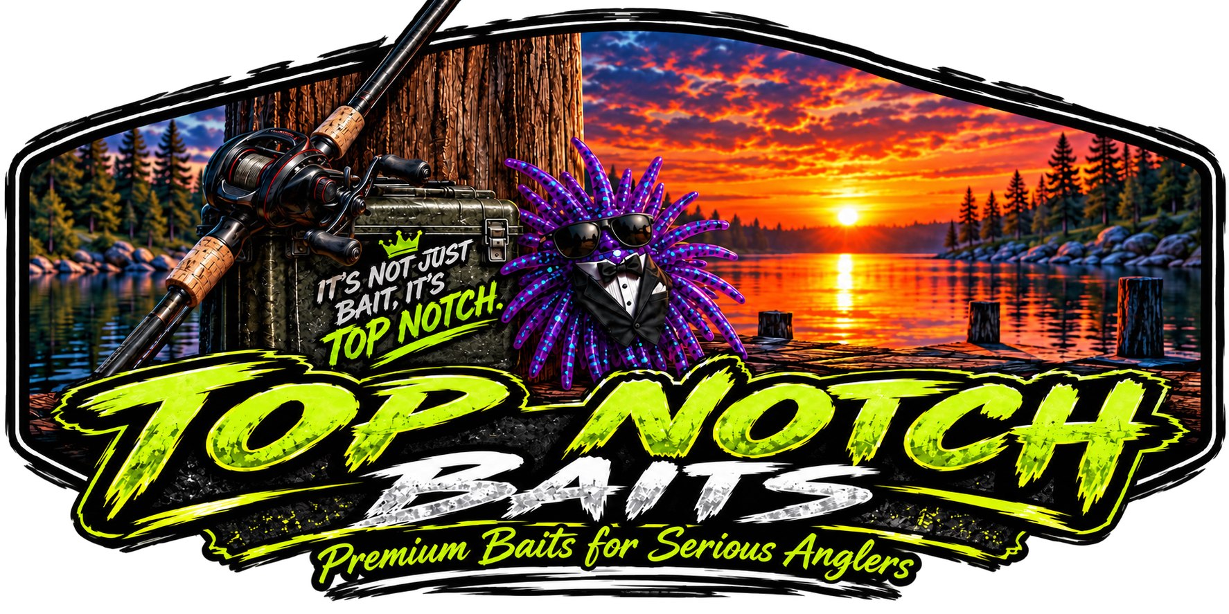 Top Notch Baits urchin logo with a purple mascot and sunset lake