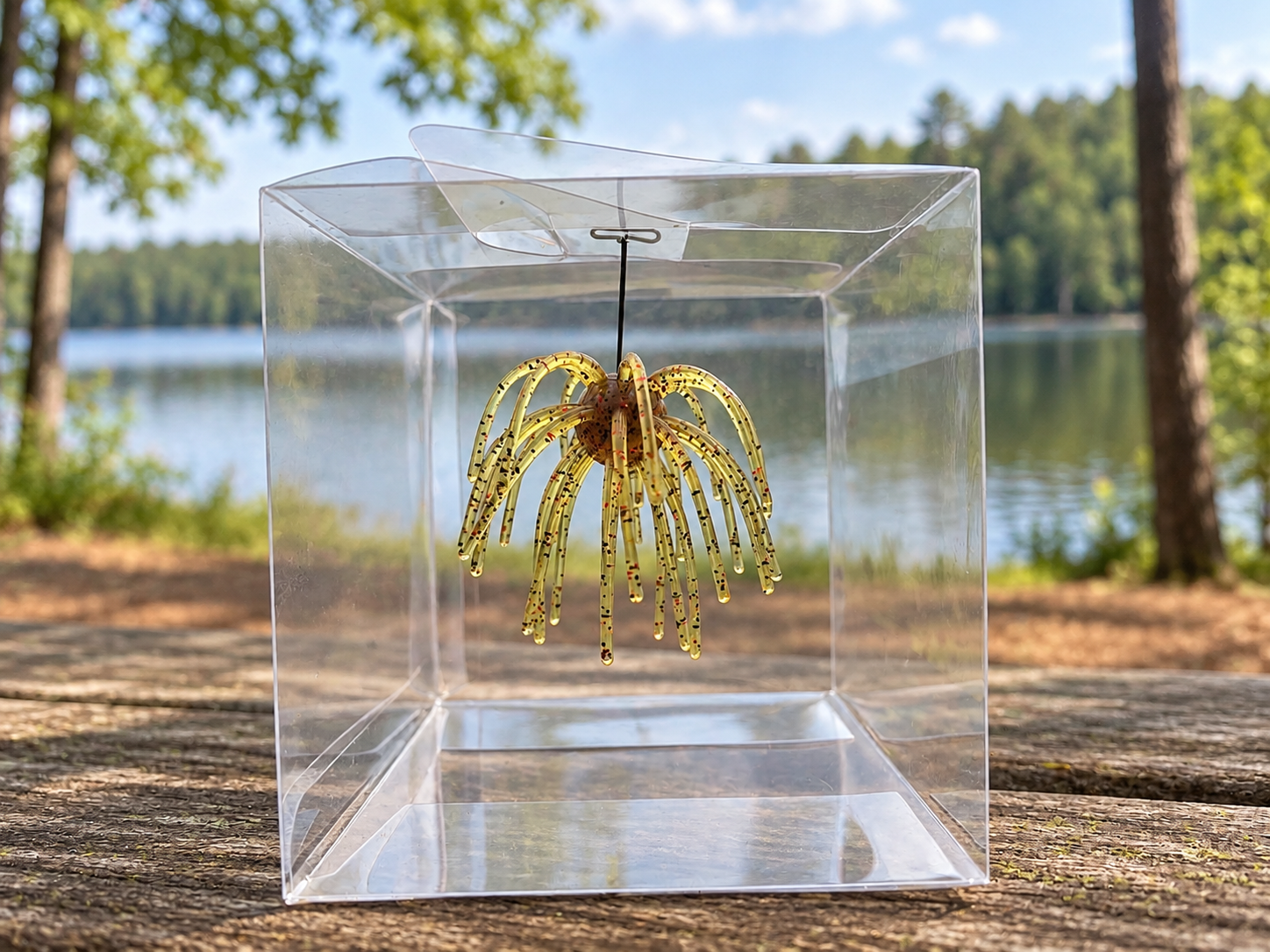 Watermelon Red soft plastic urchin bait in a clear display box on a picnic table beside a wooded lake